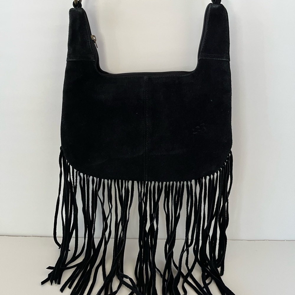 Black Suede Fringed Shoulder Bag